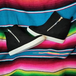 Madden Girl black suede ankle boots with hidden wedge.  Junior 7 med